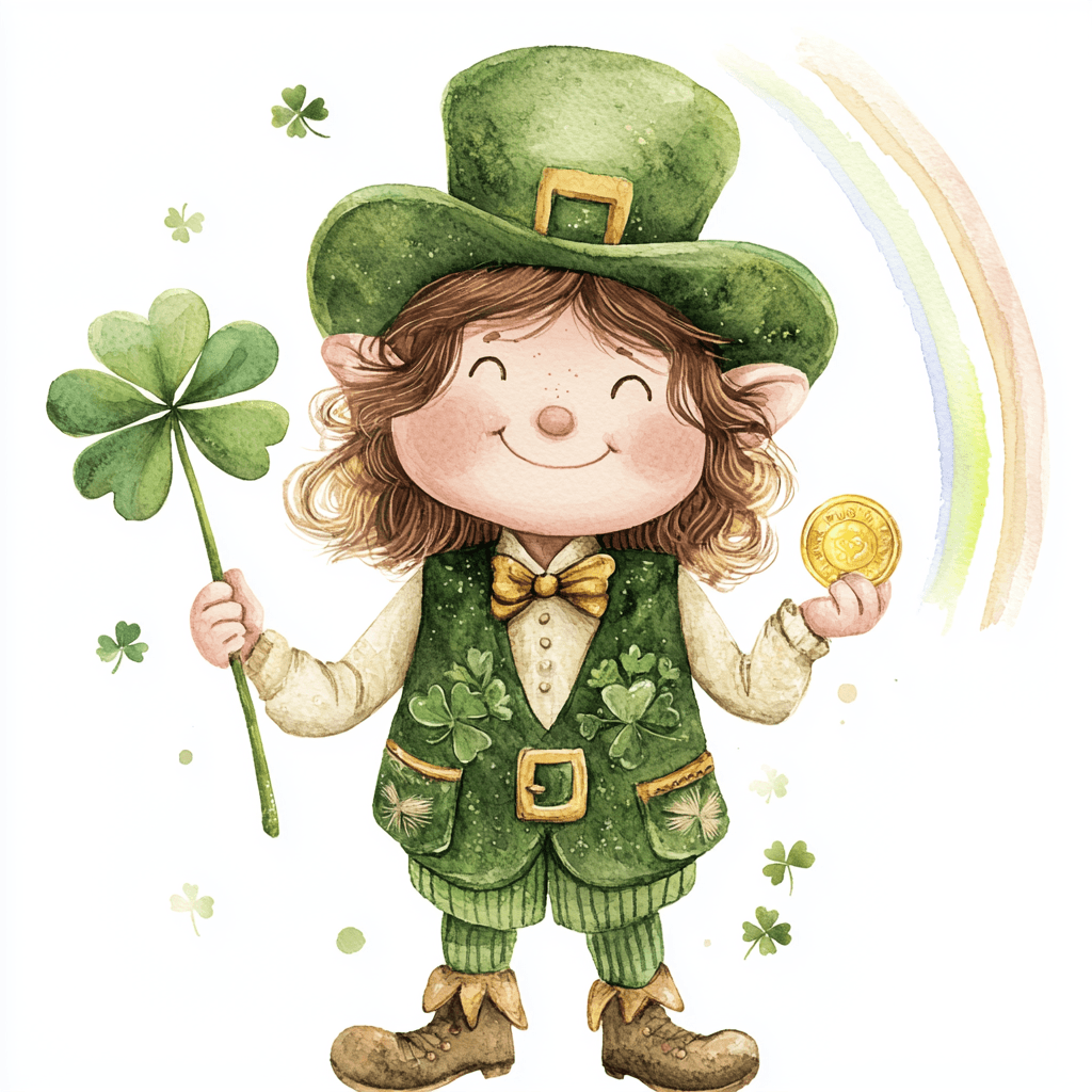 A playful leprechaun sitting on a pot of gold coins with a bright rainbow in the background