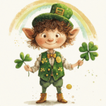 A cute leprechaun flying through the air on a rainbow while holding a bag of gold