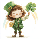 A whimsical leprechaun dancing joyfully while surrounded by colorful flowers and sparkling stars