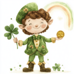 A charming leprechaun peeking out from behind a large shamrock with a big smile on his face