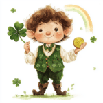 A delightful leprechaun standing next to a whimsical mushroom surrounded by butterflies and flowers