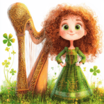 A charming illustration of a red-haired girl in a green dress dancing with her harp in a magical forest