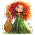 A cute Celtic princess with flowing red hair sitting on a rock while strumming her harp under a blue sky