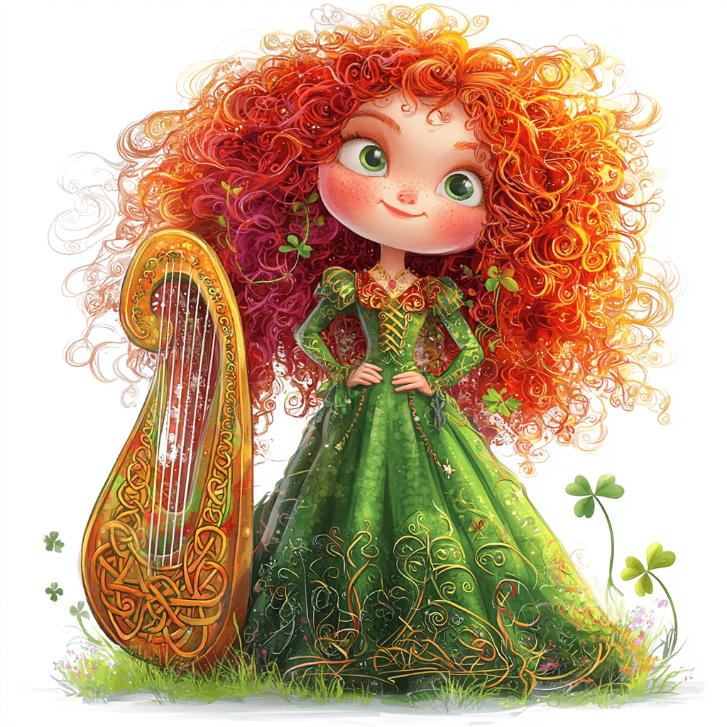 A cute Celtic princess with flowing red hair sitting on a rock while strumming her harp under a blue sky