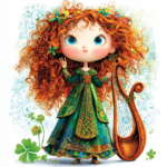 A playful harpist princess character with sparkling eyes and a bright smile surrounded by shamrocks