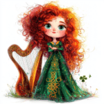 An enchanting illustration of a red-haired princess resting against her harp with a rainbow in the background