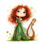A captivating red-haired girl in a whimsical dress sitting beside her harp with colorful butterflies fluttering around