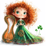 A cheerful Celtic princess character wearing a crown of flowers while playing her harp in a sunny glade