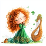 A delightful scene featuring a red-haired princess serenading woodland animals with her harp in a vibrant garden