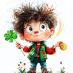 A cheerful leprechaun wearing a green hat and holding a pot of