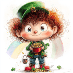 A charming leprechaun with rosy cheeks and a green vest waves happily next to a colorful rainbow