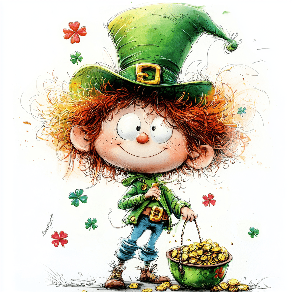 A cheerful leprechaun dances with a rainbow in the background surrounded by clovers and sparkling stars