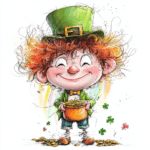 An adorable leprechaun holds a shamrock while sitting on a grassy hill under a bright blue sky