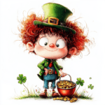 A cute leprechaun sits on a colorful mushroom with butterflies fluttering around him in a vibrant garden