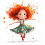 A whimsical scene depicts a character jumping with excitement surrounded by colorful balloons and flowers