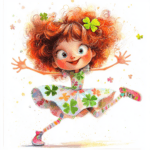 A playful character leaps in mid-air with a cheerful expression and colorful polka dot dress