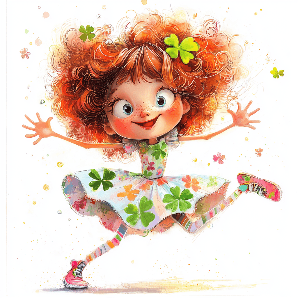 A playful character leaps in mid-air with a cheerful expression and colorful polka dot dress