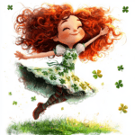 A lively dancer smiles broadly while wearing a green dress adorned with shamrock patterns