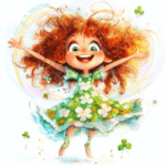 A spirited girl dances among sparkling shamrocks and colorful stars in a lively scene