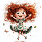 A whimsical dancer with vibrant red hair twirls joyfully under a bright rainbow