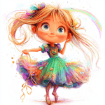 A whimsical fairy wearing a bright pink dress twirls joyfully beneath a sparkling starry sky