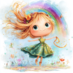 A charming fairy with rainbow-colored hair floats gracefully above a field of daisies and butterflies