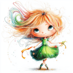A cute fairy with teal wings joyfully skips along a rainbow path filled with whimsical clouds