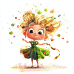 An enchanting fairy with a golden crown smiles brightly while surrounded by colorful blossoms and leafy vines