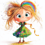 A playful fairy with purple wings sits on a mushroom surrounded by blooming flowers and twinkling fireflies