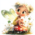 A delightful fairy holding a bouquet of bright daisies while perched on a tree branch adorned with lush green leaves