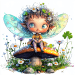 A happy fairy with lavender wings surrounded by fluttering butterflies and blooming wildflowers in a serene meadow