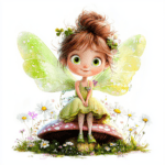 A cute fairy wearing a lilac dress and butterfly wings joyfully flying over a pastel-colored rainbow in a dreamy landscape