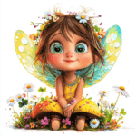 An enchanting fairy with golden wings playfully blowing fairy dust across a whimsical garden filled with blooming flowers