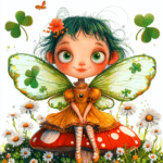 A playful fairy with bright green wings sitting on a toadstool reading a tiny book in a sunlit glade