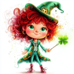 A magical red-haired creature wearing a green cloak sits on a grassy hill under a starry sky