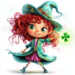 A playful red-haired girl with a big smile holds a pot of gold surrounded by sparkling shamrocks