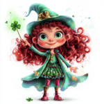 A charming red-haired fairy with bright green wings flutters above a garden of blooming flowers