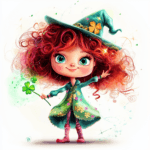 A cheerful red-haired girl twirls in a green dress with colorful butterflies fluttering around her