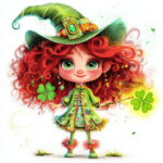 A delightful red-haired character dressed as a leprechaun sits on a mushroom with a cheeky grin