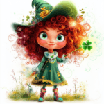 An enchanting red-haired boy dressed in a green vest and bowtie plays a flute under a rainbow