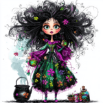 A delightful steampunk witch poses with a mechanical owl perched on her shoulder under a starry sky