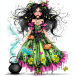 An enchanting witch sits on a crescent moon surrounded by twinkling stars and vibrant clouds