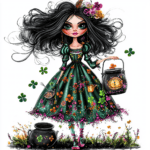 A charming witch with a broomstick flies over a quaint village illuminated by a full moon