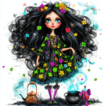 A whimsical witch with long braided hair dances among glowing orbs and flowers in a fantasy garden