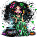 A mystical witch with a flowing green dress brews potions in a cauldron filled with colorful smoke
