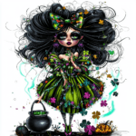 A playful steampunk witch wearing goggles and a top hat stands next to a vintage clock adorned with gears