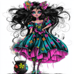 A colorful witch surrounded by autumn leaves and pumpkins creates a magical atmosphere for Halloween