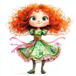A cute girl character with curly hair wearing a festive outfit dances on a lush green stage