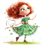 An adorable curly-haired character in a bright red dress twirls gracefully with her arms raised
