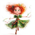 A charming curly-haired dancer in a purple dress leaps joyfully against a backdrop of colorful musical notes